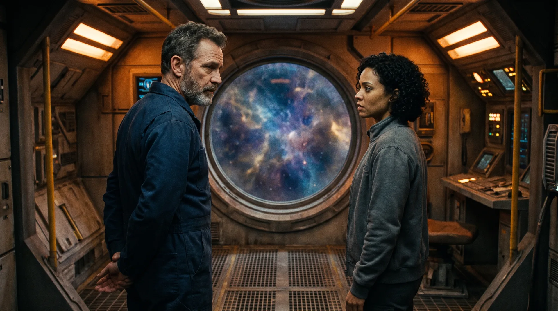 Two crew standing close at an observation viewport with their hands apart, the restraint of a closed door space romance
