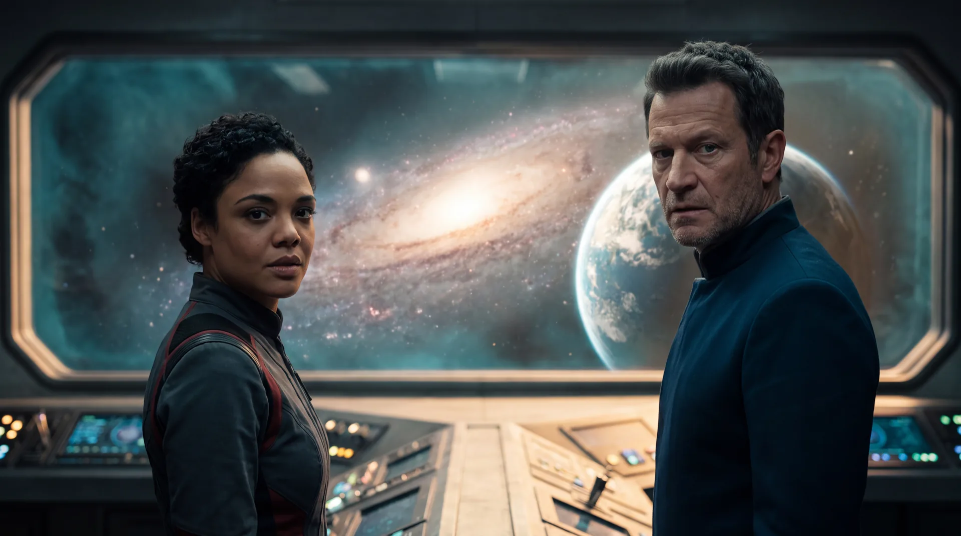 Two officers at a viewport, turned back toward the room, a spiral galaxy and a lit planet behind them