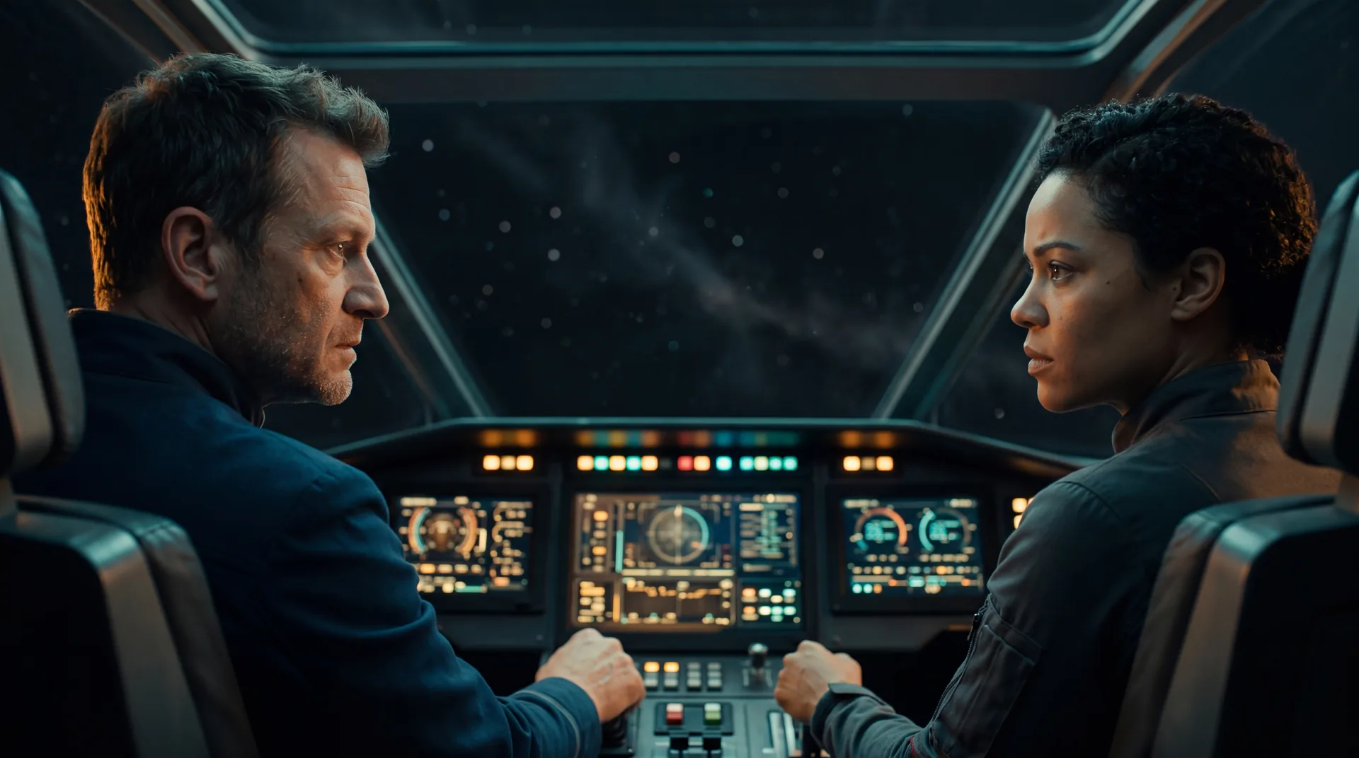 Two officers side by side in a shuttle cockpit at the start of a long crossing, faces lit by the instrument glow