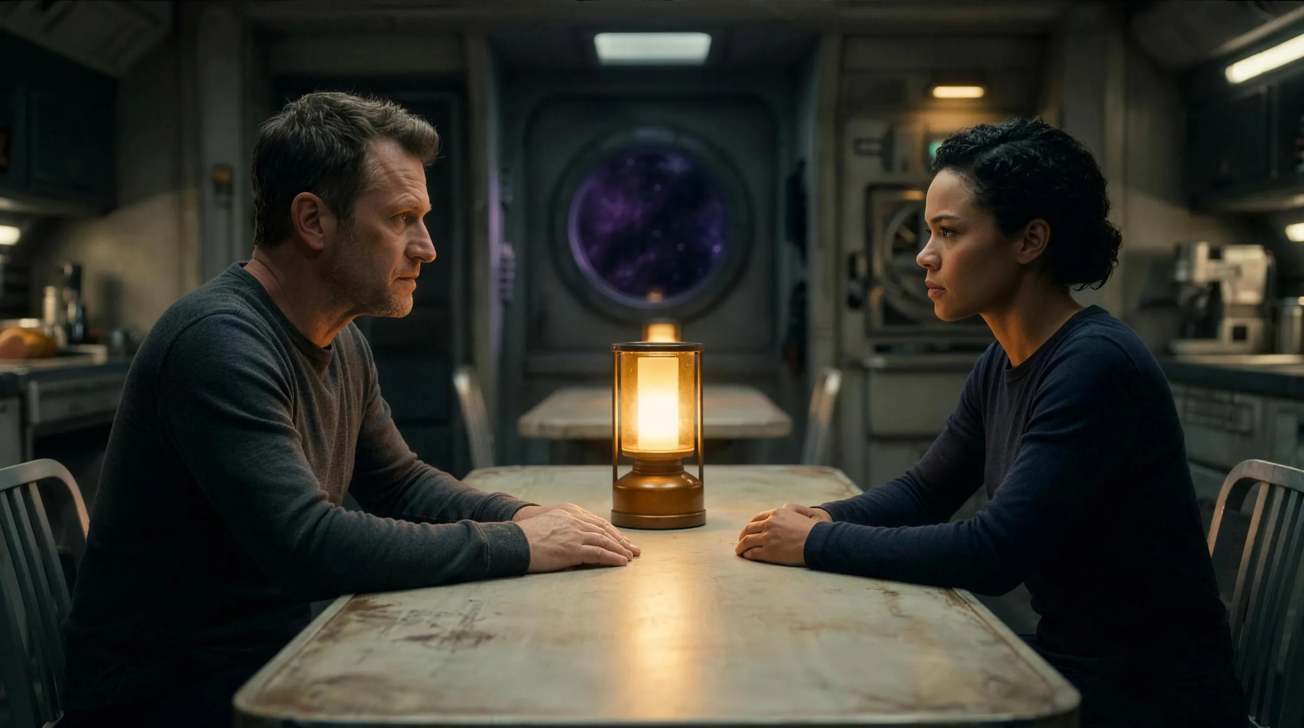 Two hands almost touching across a table by candlelight, the door behind them closed