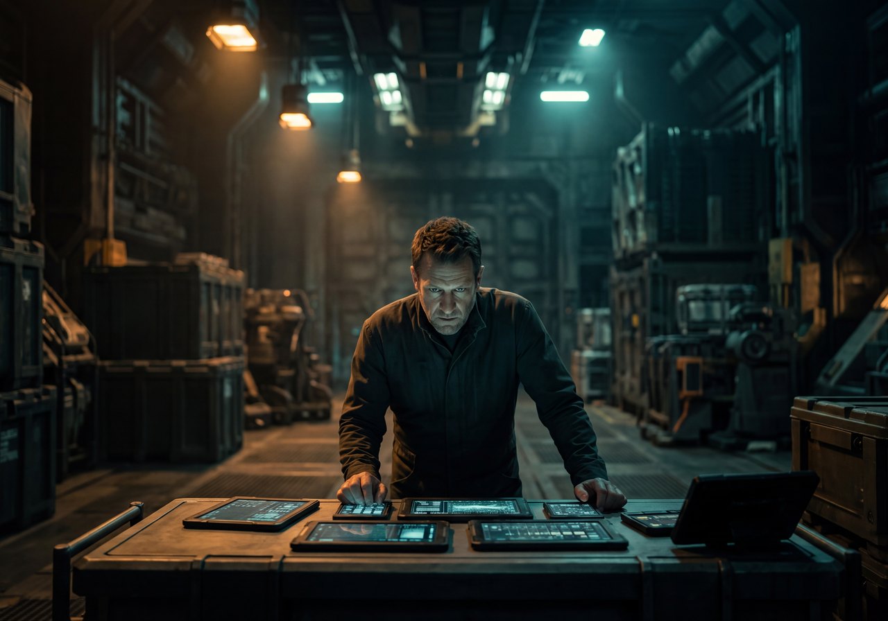 A crew member alone over data pads at a workbench in a cavernous cargo bay, his face lit from below by the screens