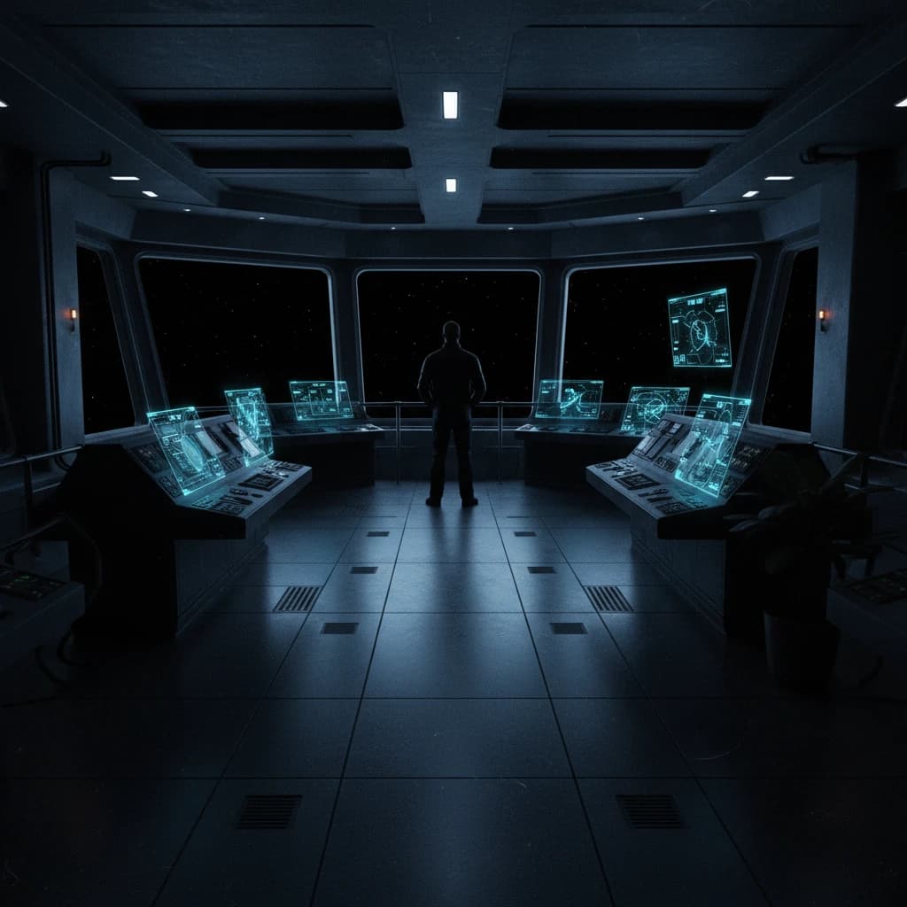 An empty warship bridge in darkness, a solitary figure at the command railing, blue navigational displays casting cold light