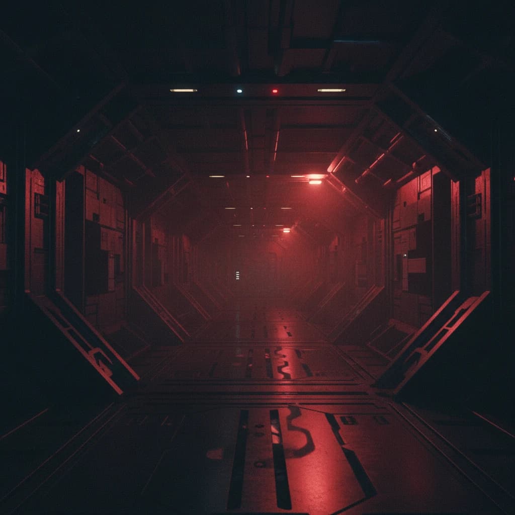 High-tension moment in the slow burn sci fi romance: a starship corridor bathed in red emergency lighting
