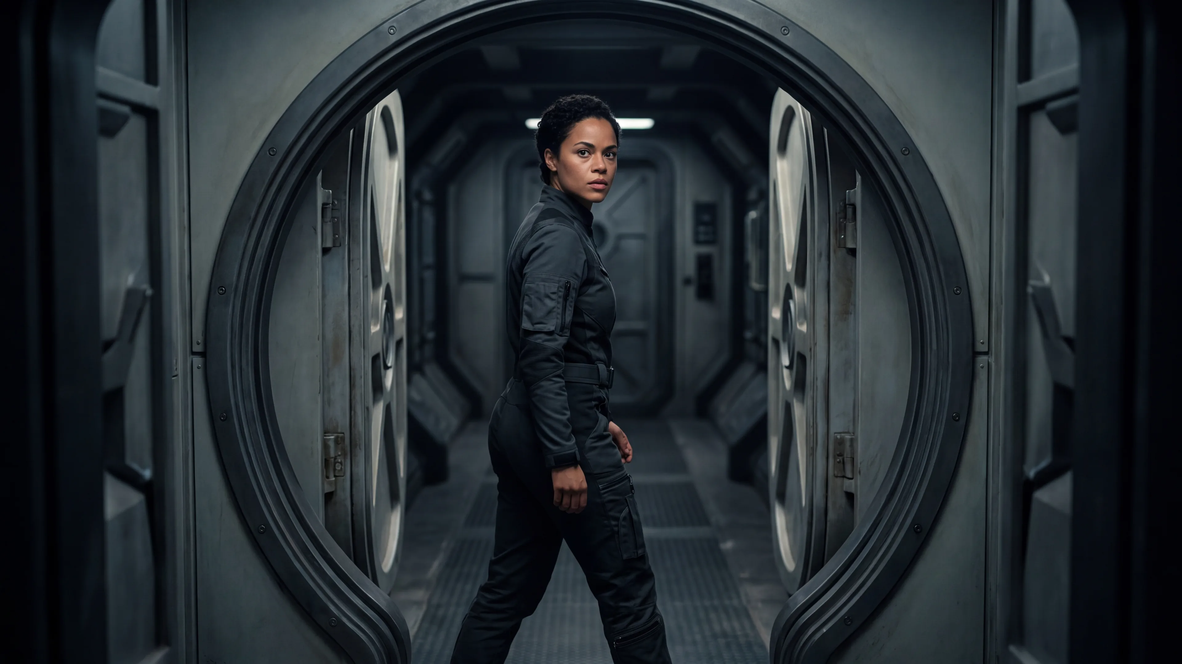 Kira stepping through the open inner door of a dimly lit airlock into the corridor of a warship, her face turned back towards the camera