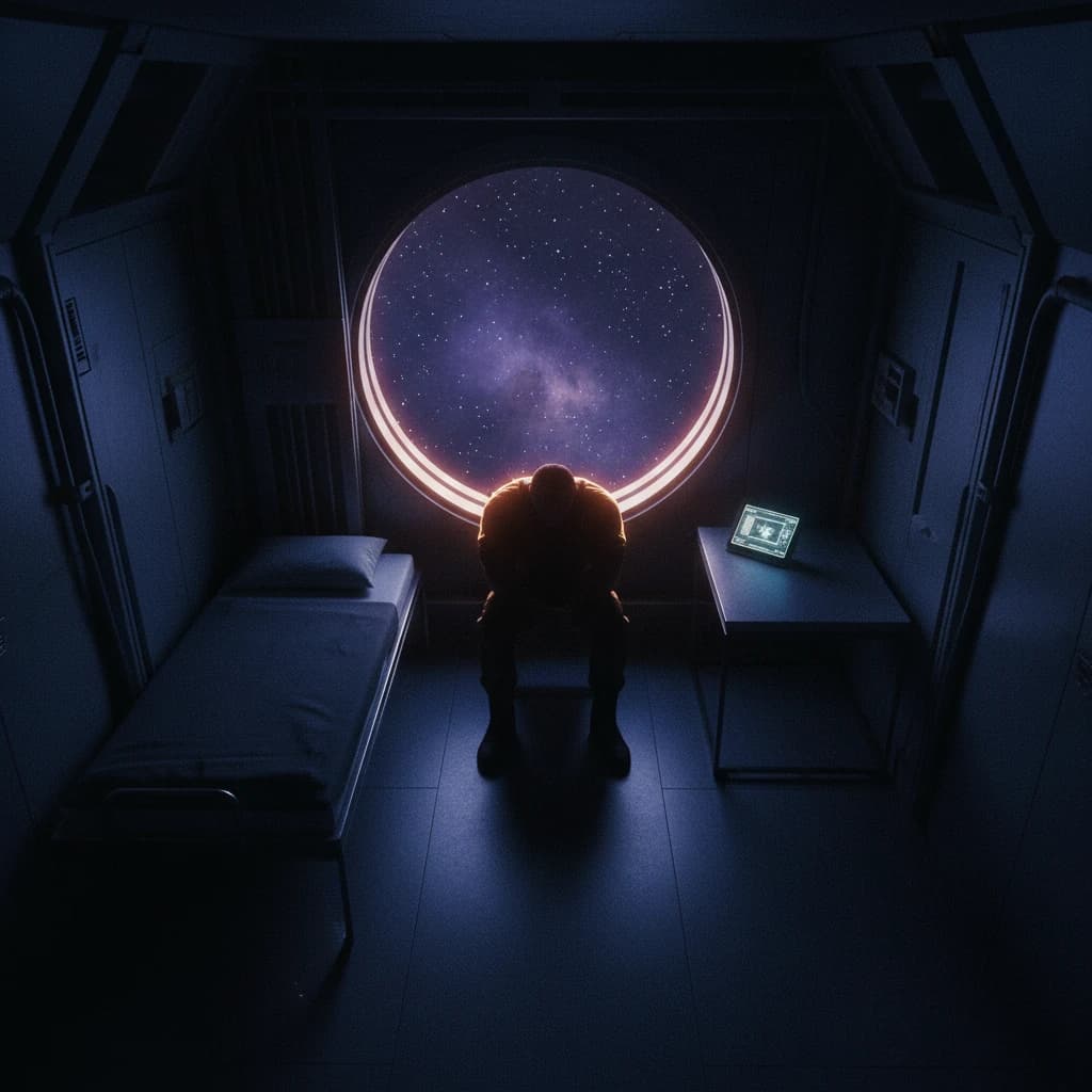 A solitary figure sitting on the edge of a military bunk, starlight from a viewport casting amber rim lighting