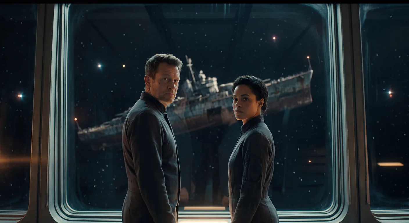 Setting for an enemies to lovers sci fi romance: two crew members at a hangar window, the Meridian beyond the glass, a Dominion warship repurposed for peace