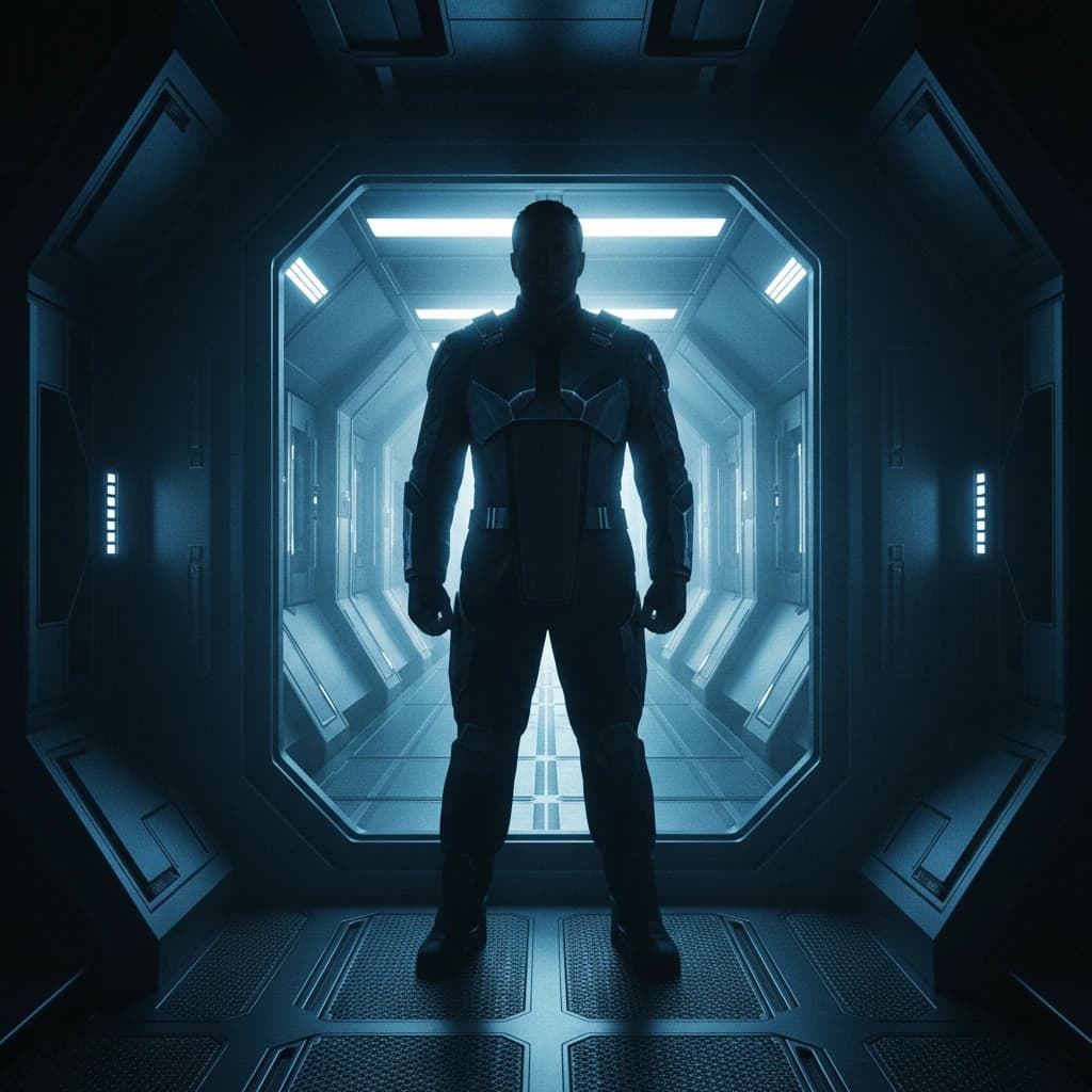 Slow burn sci fi romance lead: a broad-shouldered figure in a starship doorway, backlit by cool blue corridor lighting