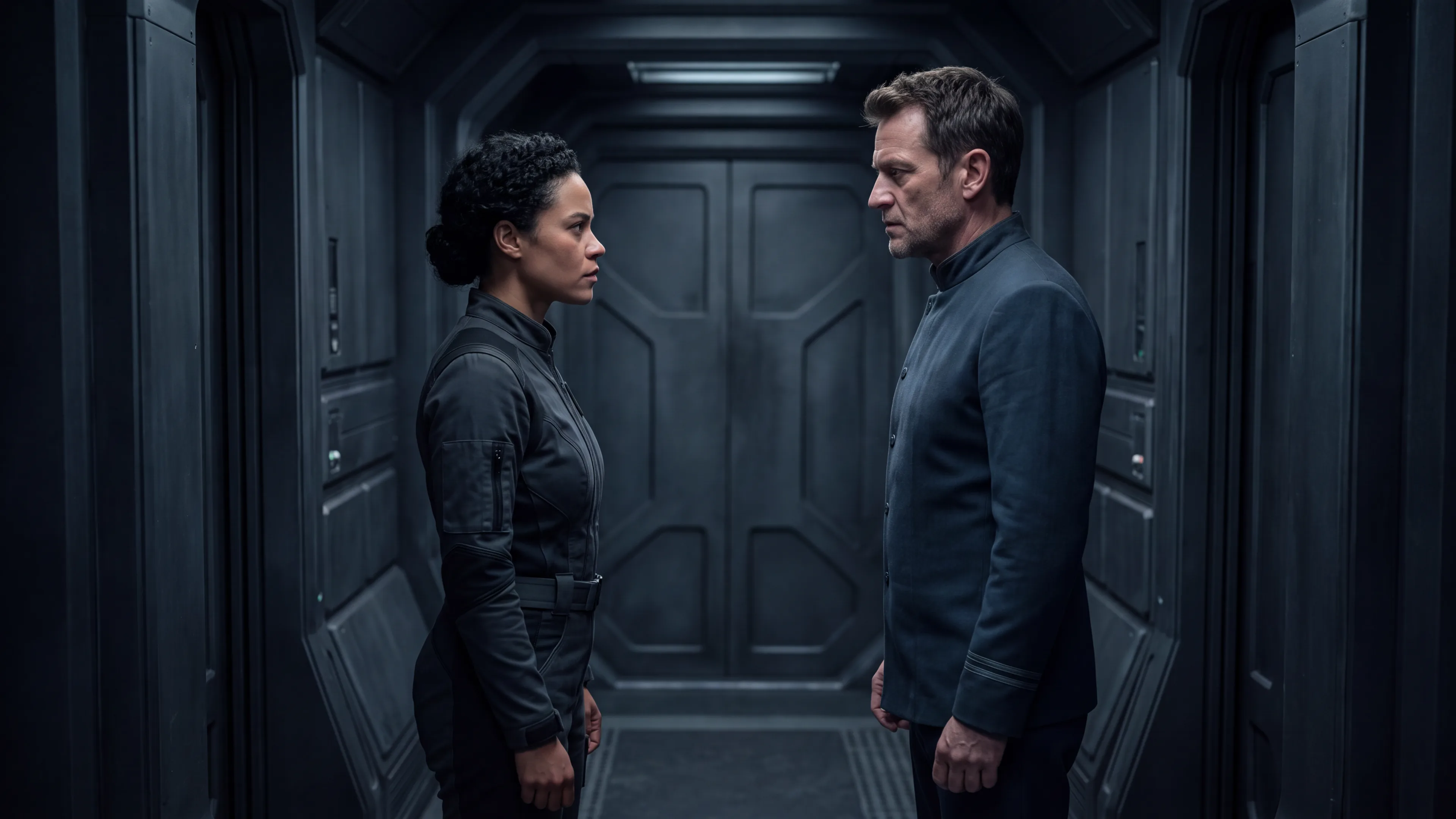 A commander and a liaison officer holding each other\u2019s eyes across a warship corridor, neither of them stepping aside first
