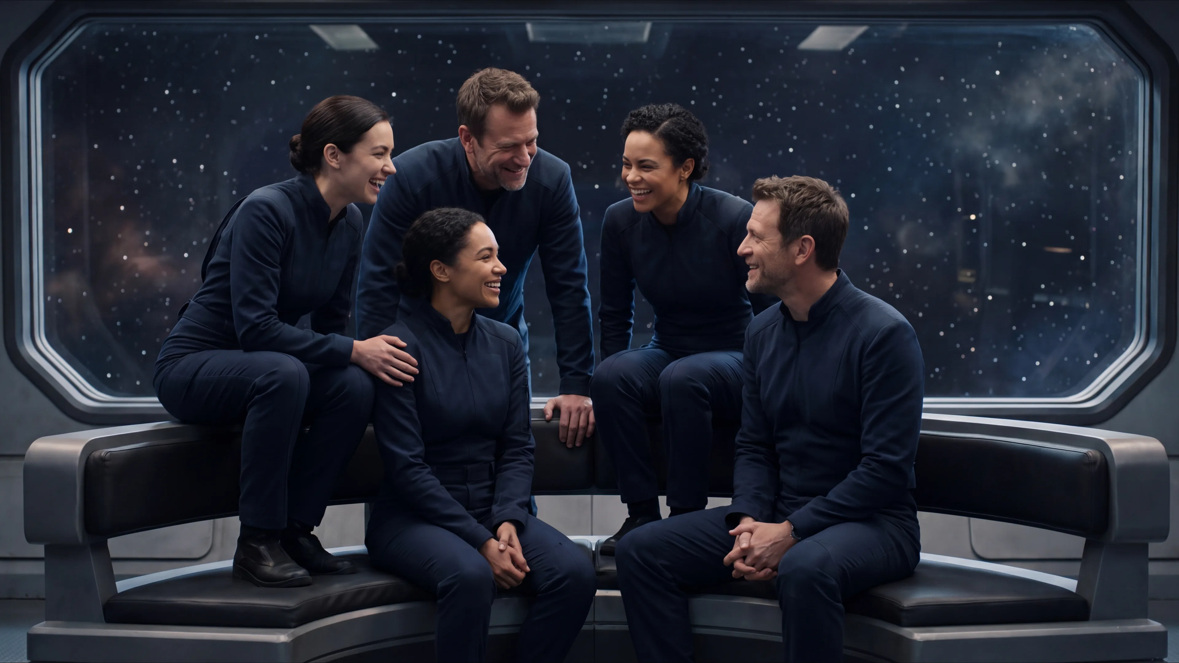 Five human crew members gathered together on a bench in a starship observation lounge, laughing mid conversation with a starfield behind them