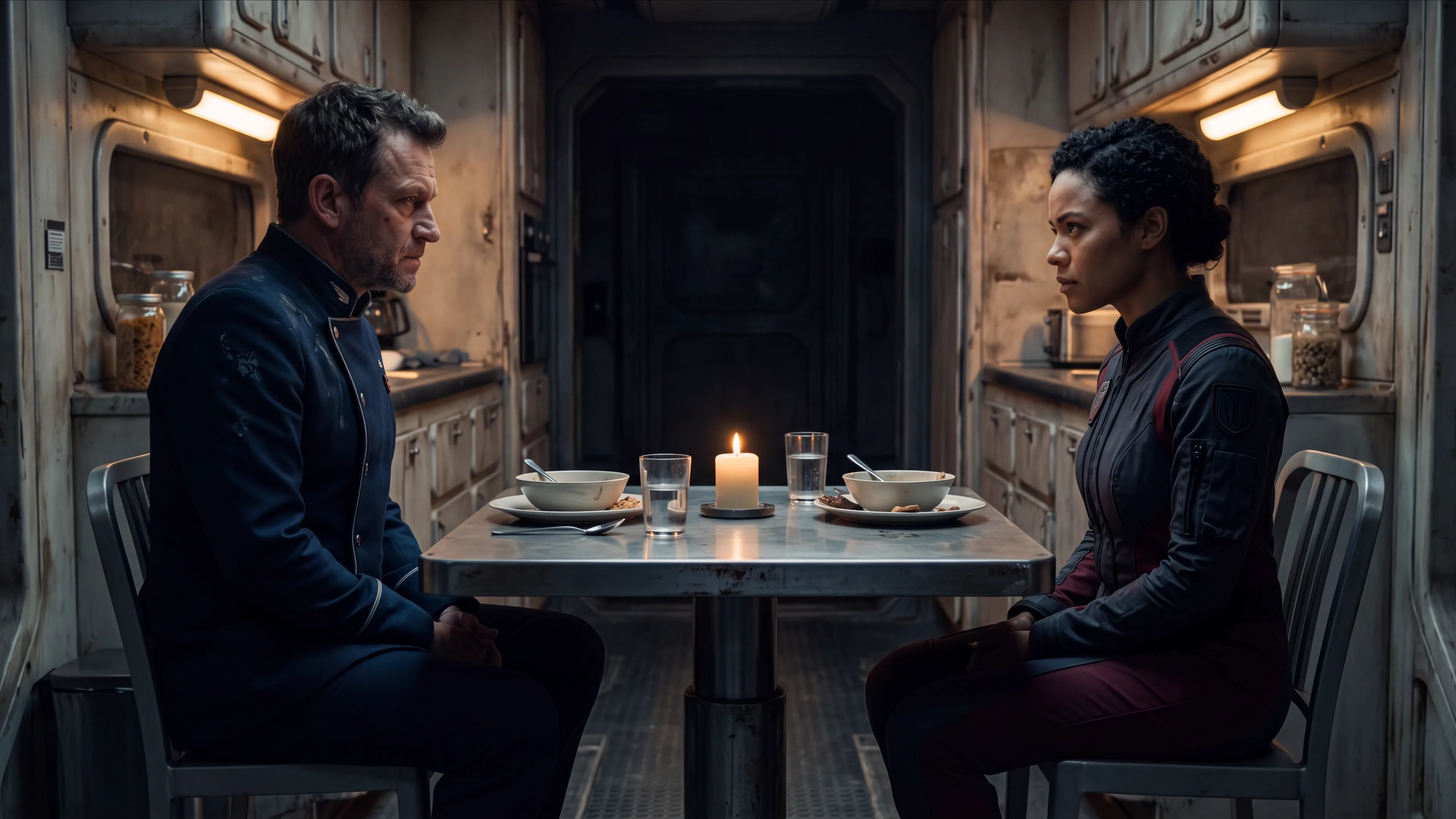 Forced proximity romance in space: the two leads sitting opposite each other at a cramped ship galley table, eating in tense silence by candlelight