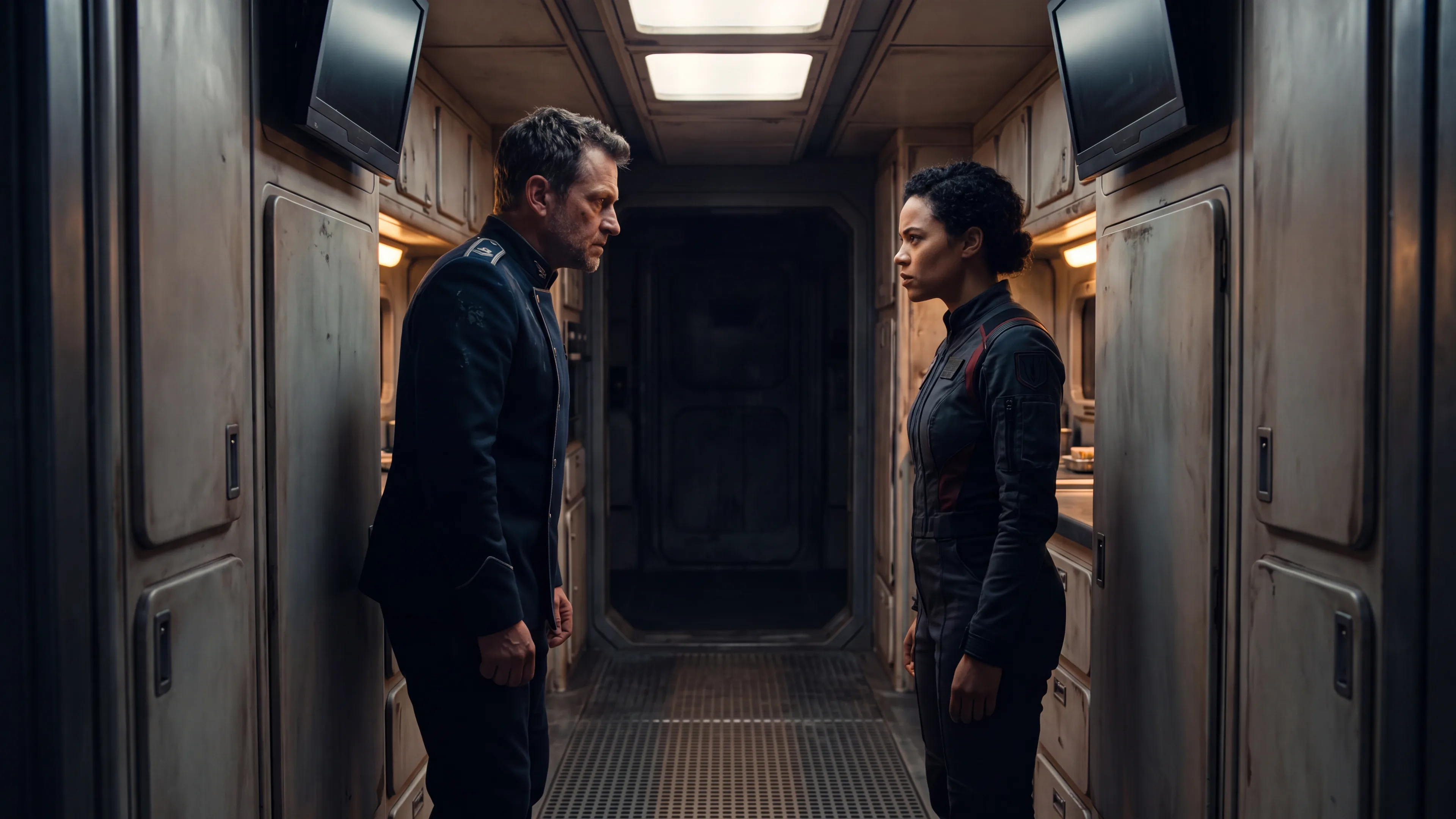 A warship corridor barely wider than one person, with a commander flattened against the pipework so a pilot carrying a data slate can squeeze past him