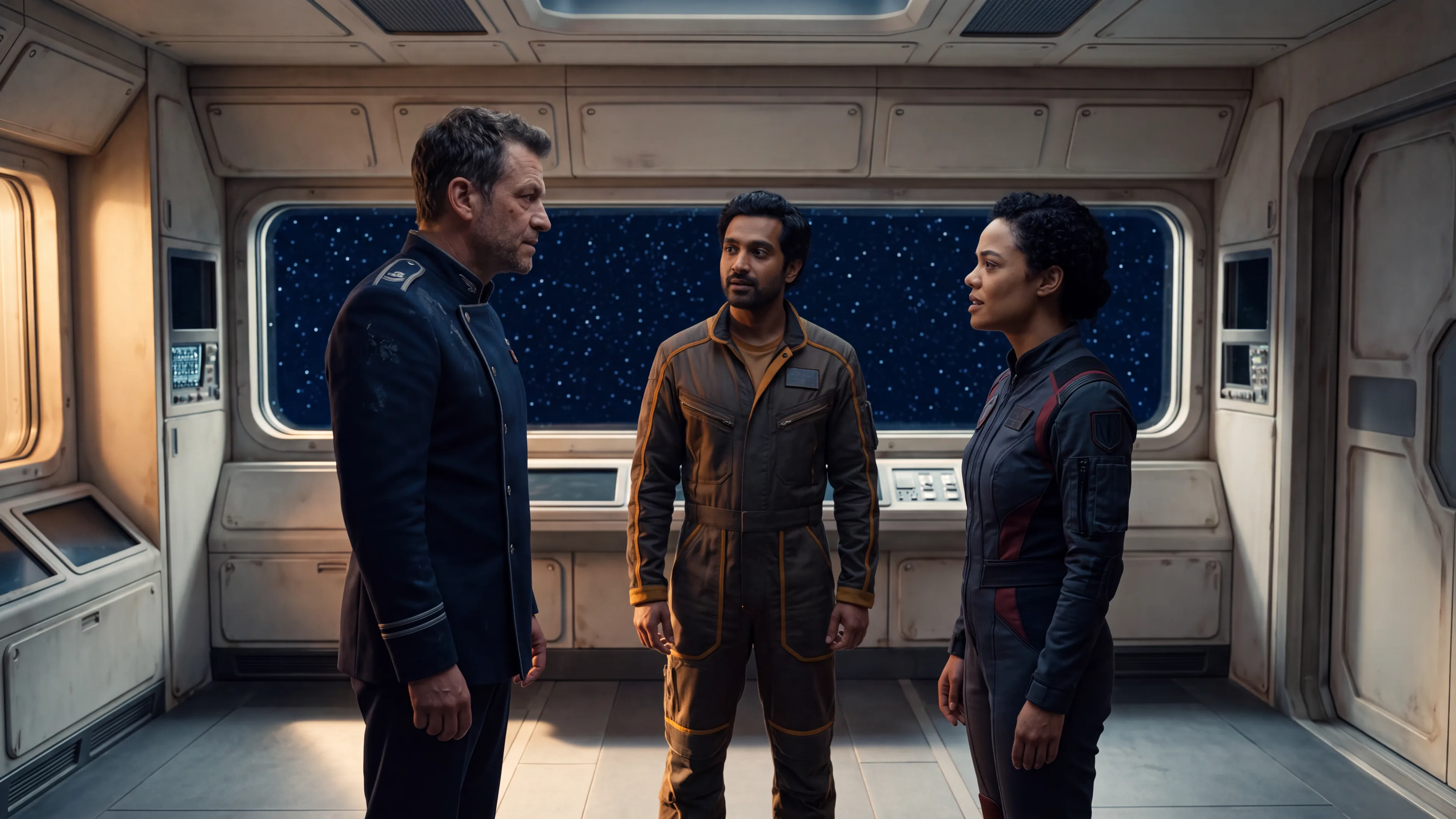 Thane, Dex and Kira standing in a compartment of the Meridian during the morning briefing, the Transit Corridor visible through the window behind them