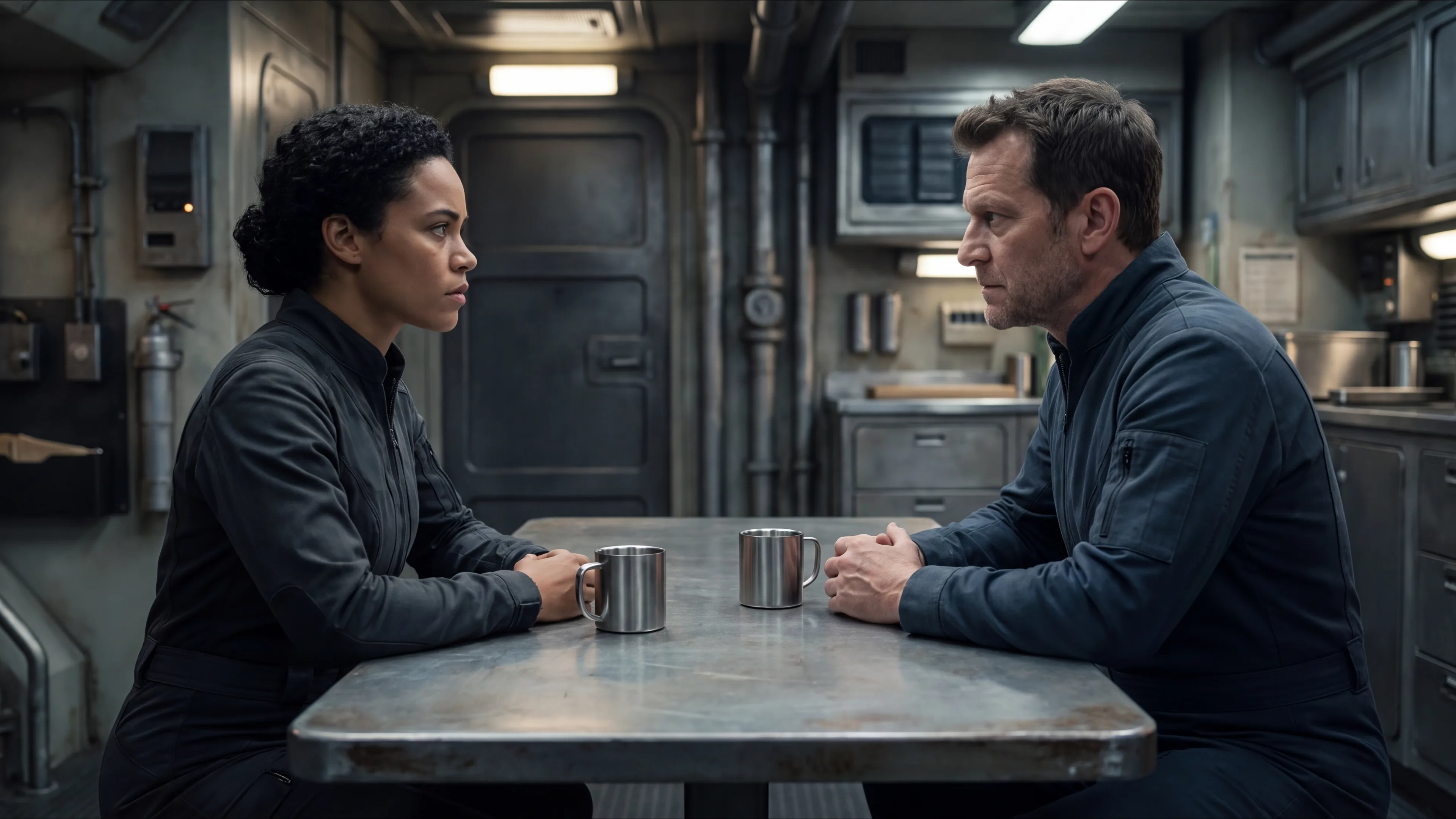 Two human officers sitting opposite each other at a plain galley table with two mugs between them, mid conversation