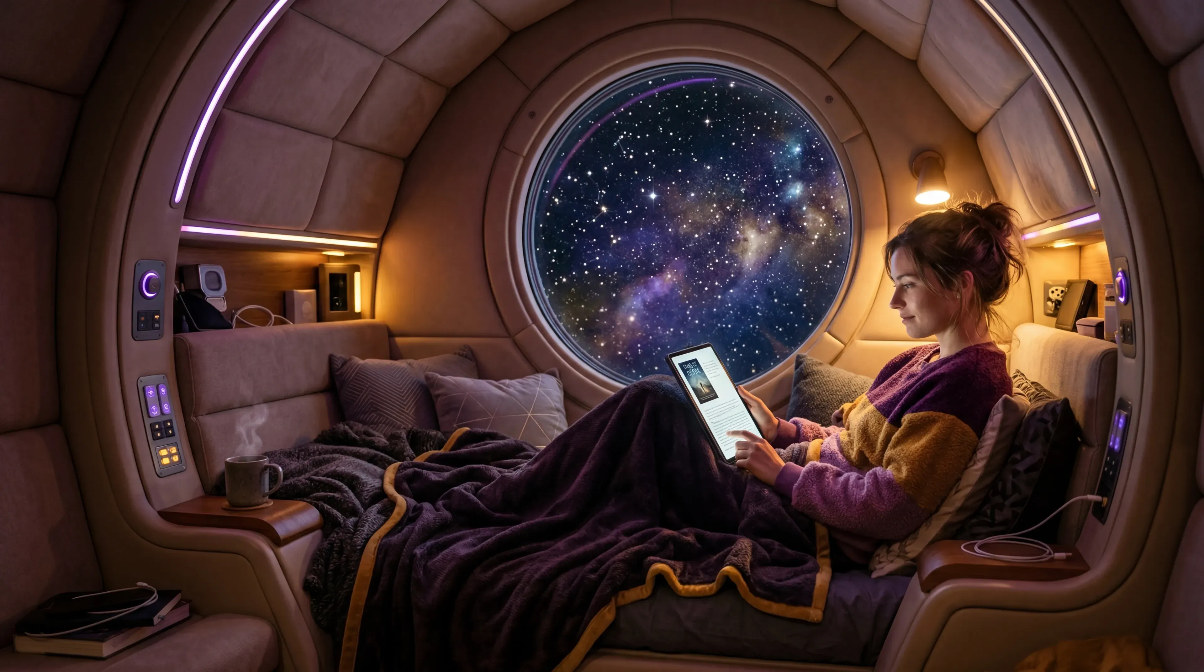 A reader part way through a novel on a tablet in a warmly lit sleeping berth, a starfield through the round window, the evenings a long book actually costs