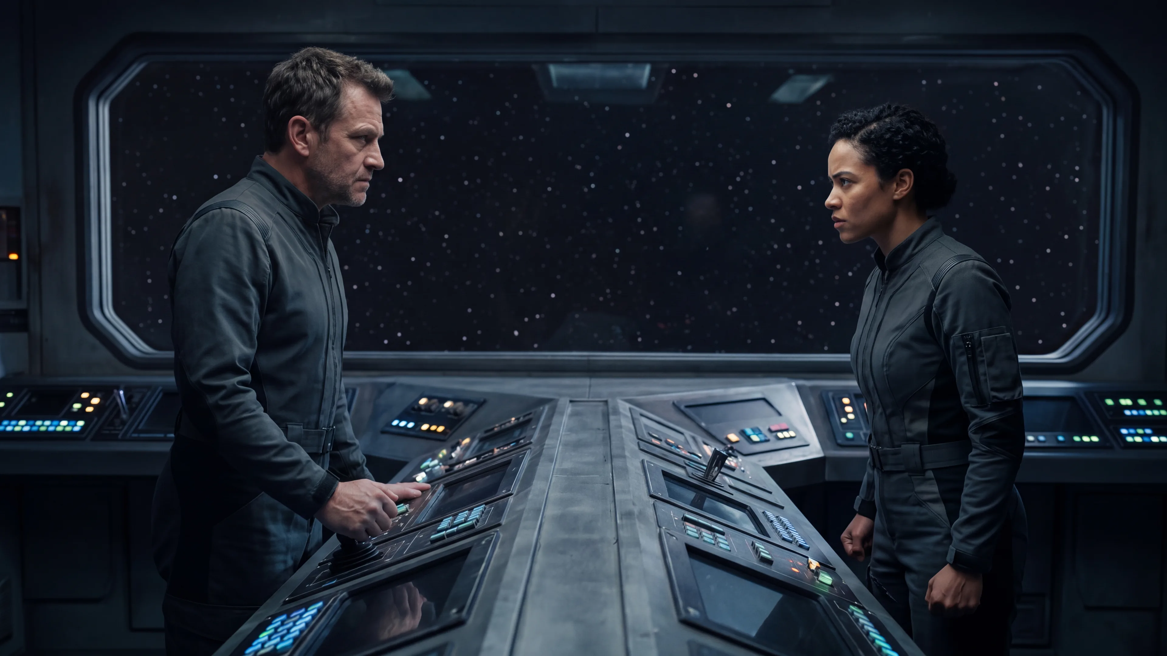 Two human officers facing each other across a lit console in a starship observation bay, a starfield through the viewport behind them