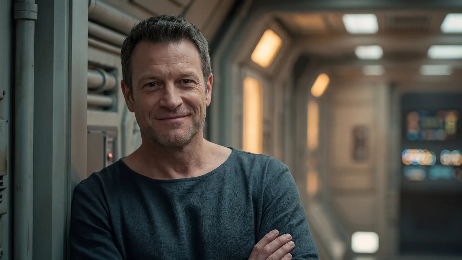 A man leans against a starship corridor wall with a warm half smile, the easy charm of a book boyfriend in sci fi romance