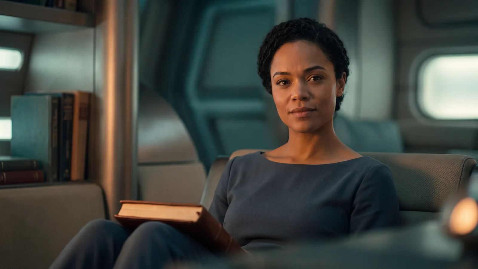 A crew member sits calmly with a closed book in a quiet starship reading nook, the settled feeling honest content warnings give a reader