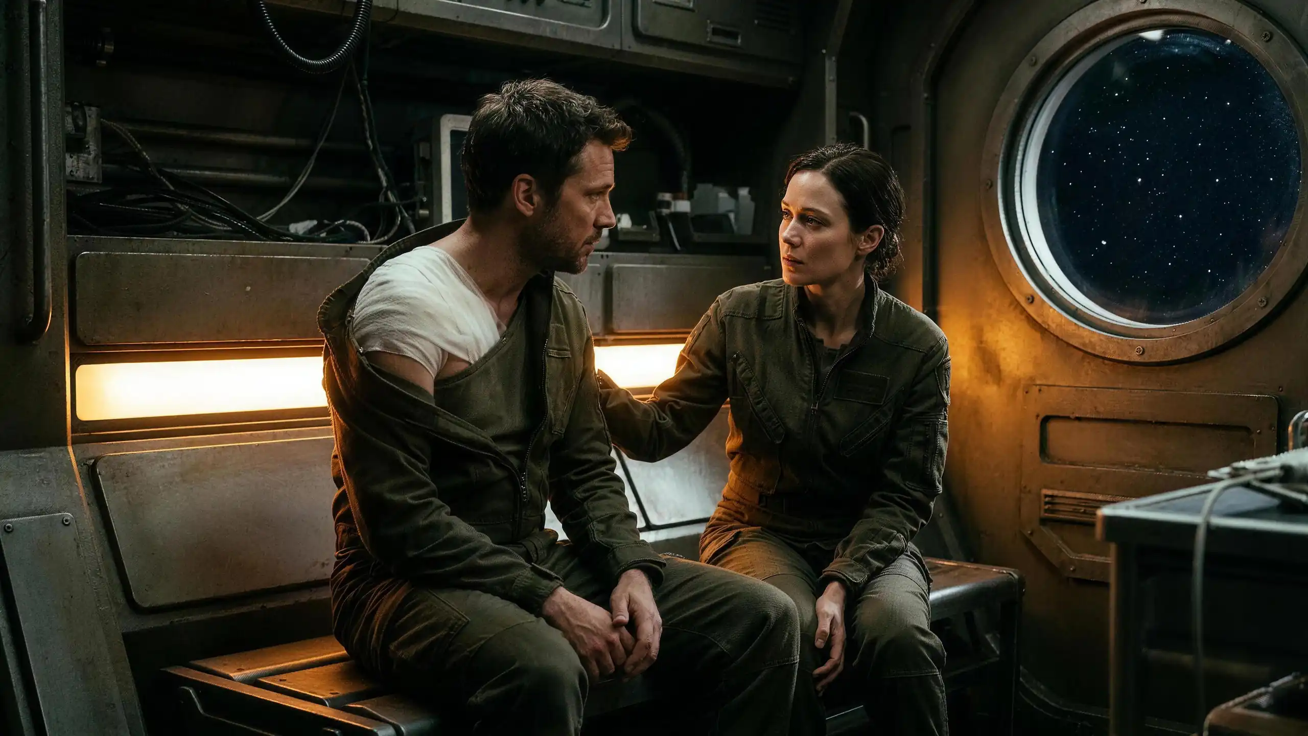 One crew member with a bandaged shoulder sitting on a bench in a dim ship medical bay, another resting a steady hand on that shoulder, both turned toward each other beside a porthole full of stars
