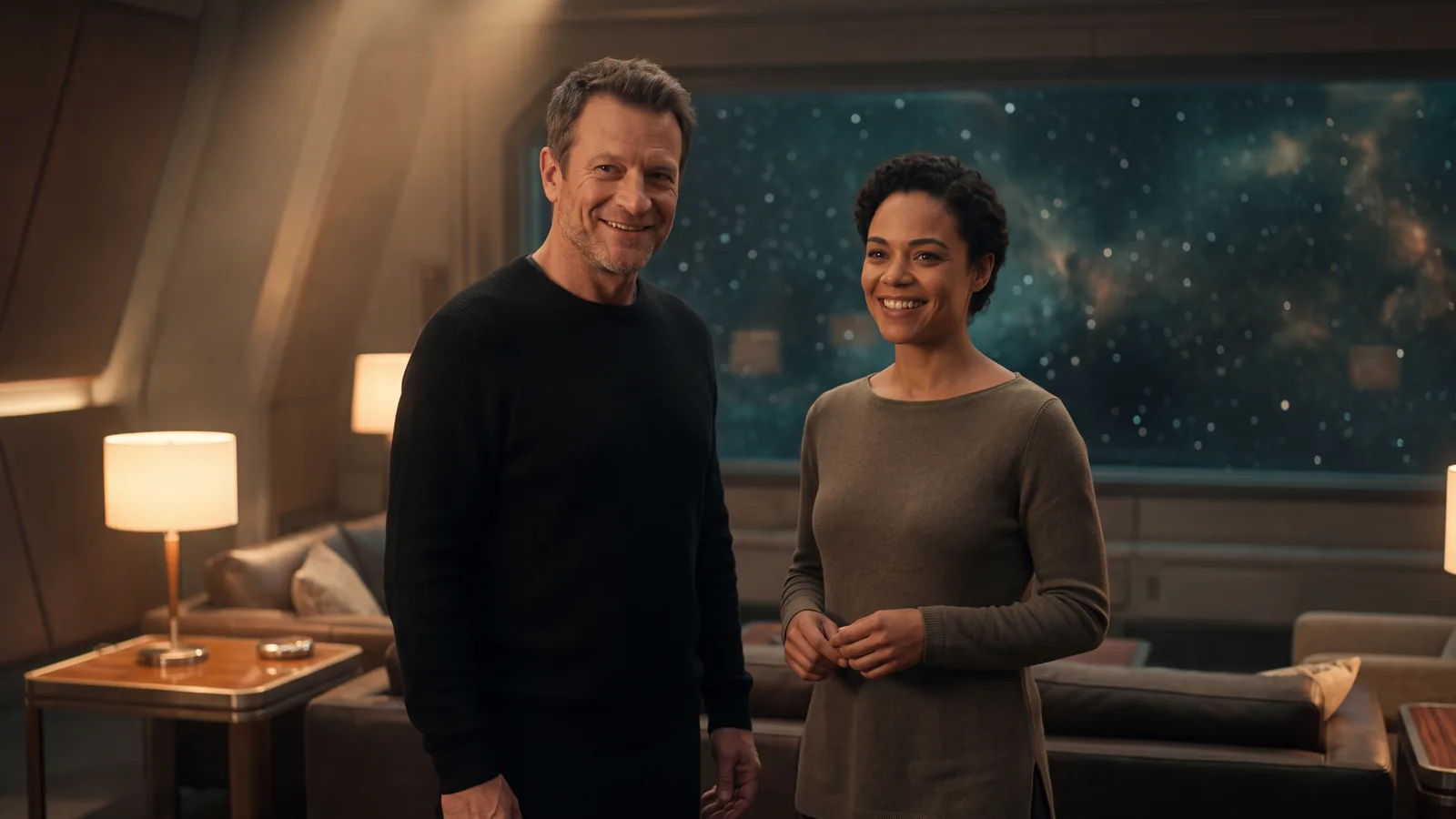 Two crew members stand together smiling in a warm starship lounge, welcoming readers into the sci fi romance glossary