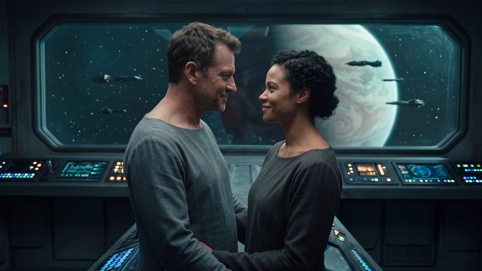 Two crew members with fingers linked on a starship bridge, a planet turning beyond the viewport, romance and space travel in one frame