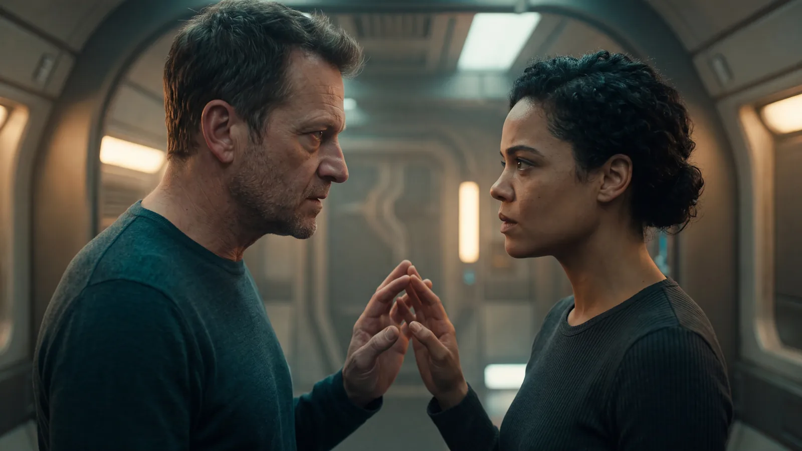 Two crew members stand close in a starship corridor with their hands almost touching, the held back tension every book on this shelf trades on