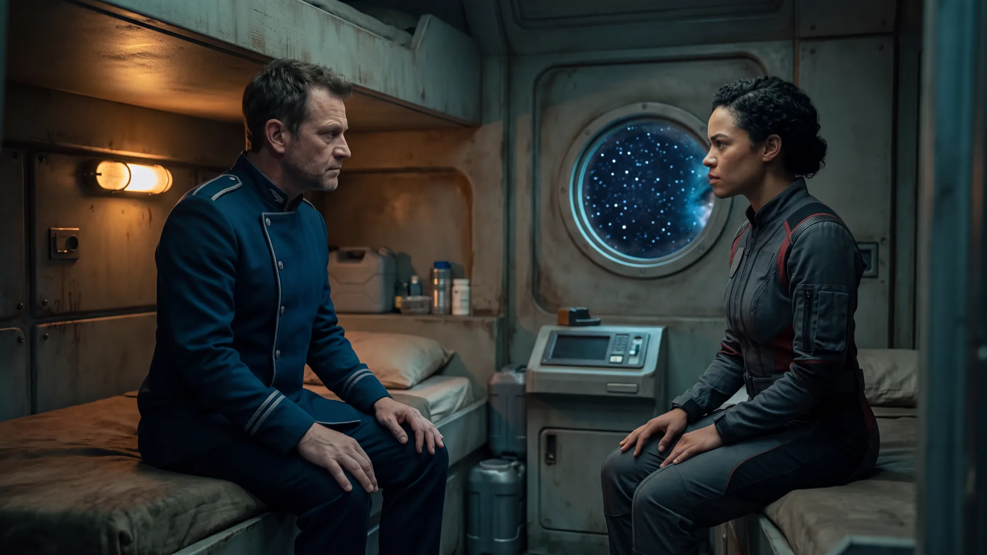 Two crew members sit apart on facing bunks in a starship cabin, fully clothed and holding a long look, the restraint a low heat label promises