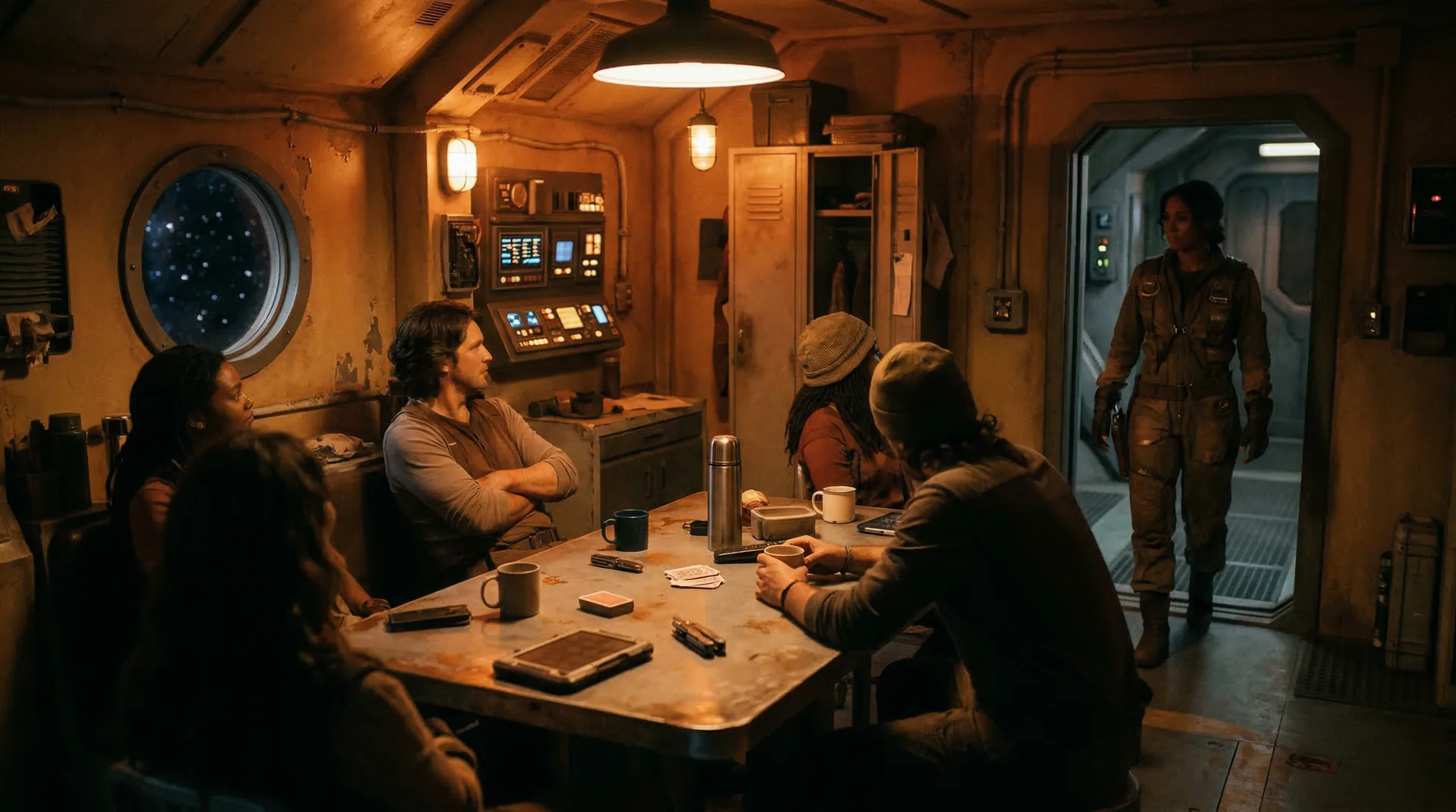 A starship crew gathered in amber light watching one person enter, the found family space crew romance bond forming
