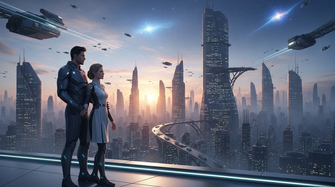Two figures in a dim starship corridor, human silhouettes only, the no aliens space romance readers keep searching for