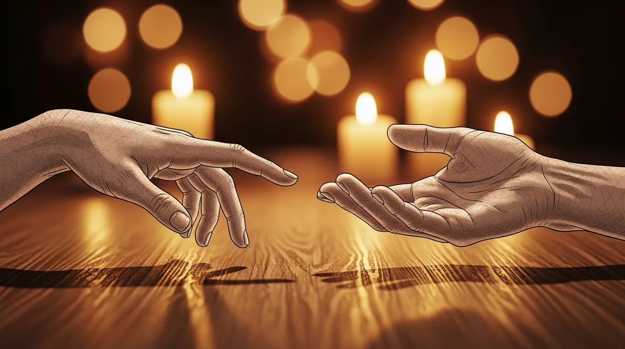 Two hands almost touching in warm candlelight, the restrained intimacy of a no spice romance
